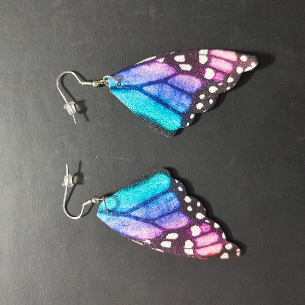 FAUX Leather Black Blue Purple White Butterfly Wing Dangle Statement Earrings